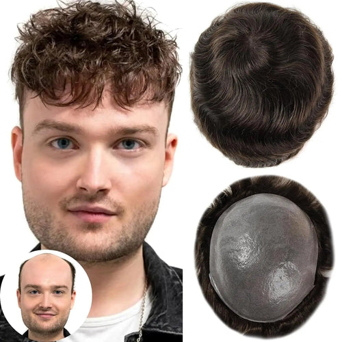 0.03 - 0.04mm Thin Skin 100% Human Hair Men's V - Looped Brown Wig PU Base Hair Replacement System - Skies The Limit Store LLC