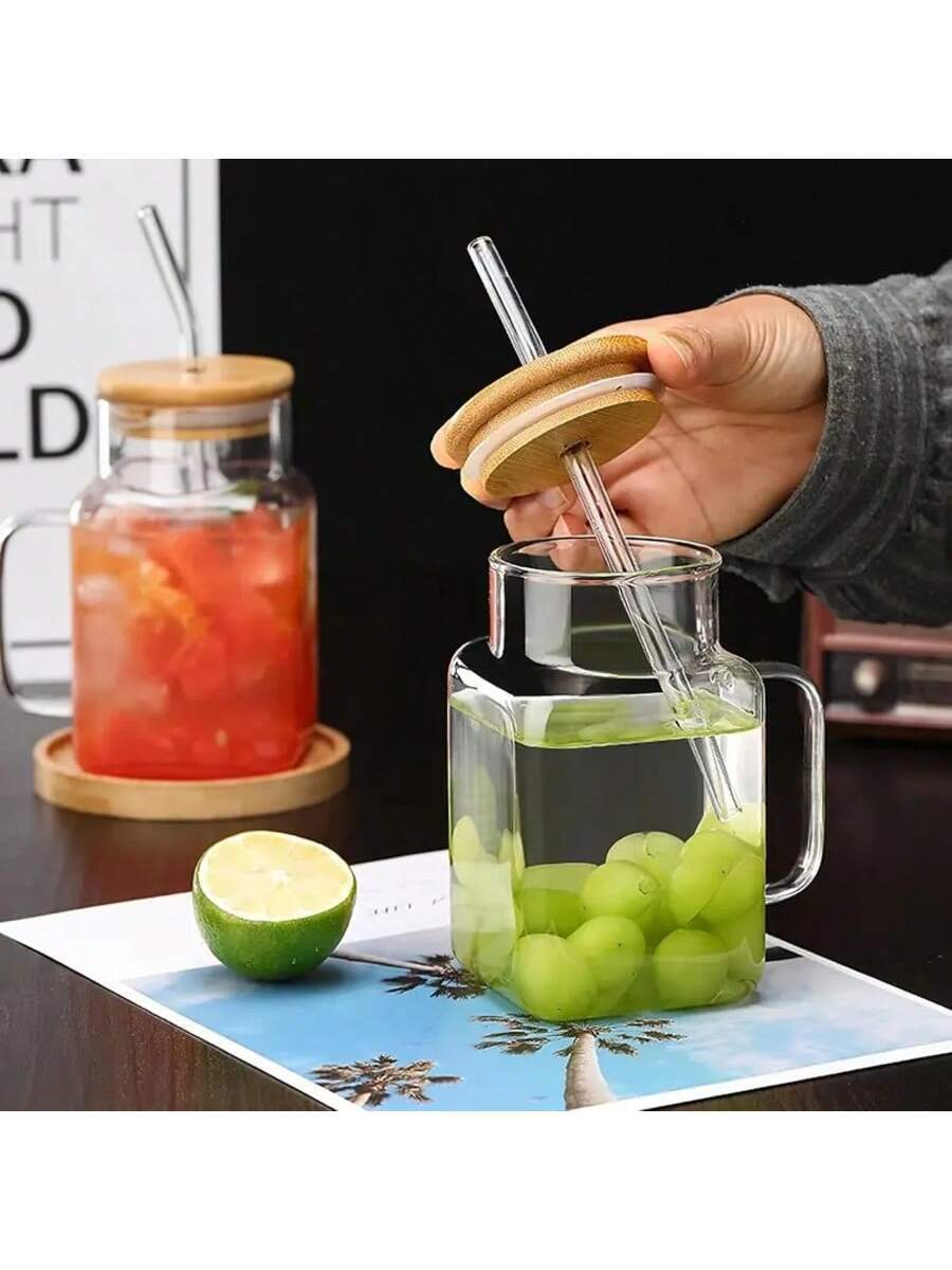 4pcs - Square Glass Cup, Large Capacity Straw Cup, High Profile Square Cup Lid, Glass Tea Summer Cup, Drinking Cup For Adults And Girls, Wedding Product Design, Gift For Daily Life Use, Cute Clear Floating Glass Cup, Floating Light Cup, Gift Design, Cont - Skies The Limit Store LLC