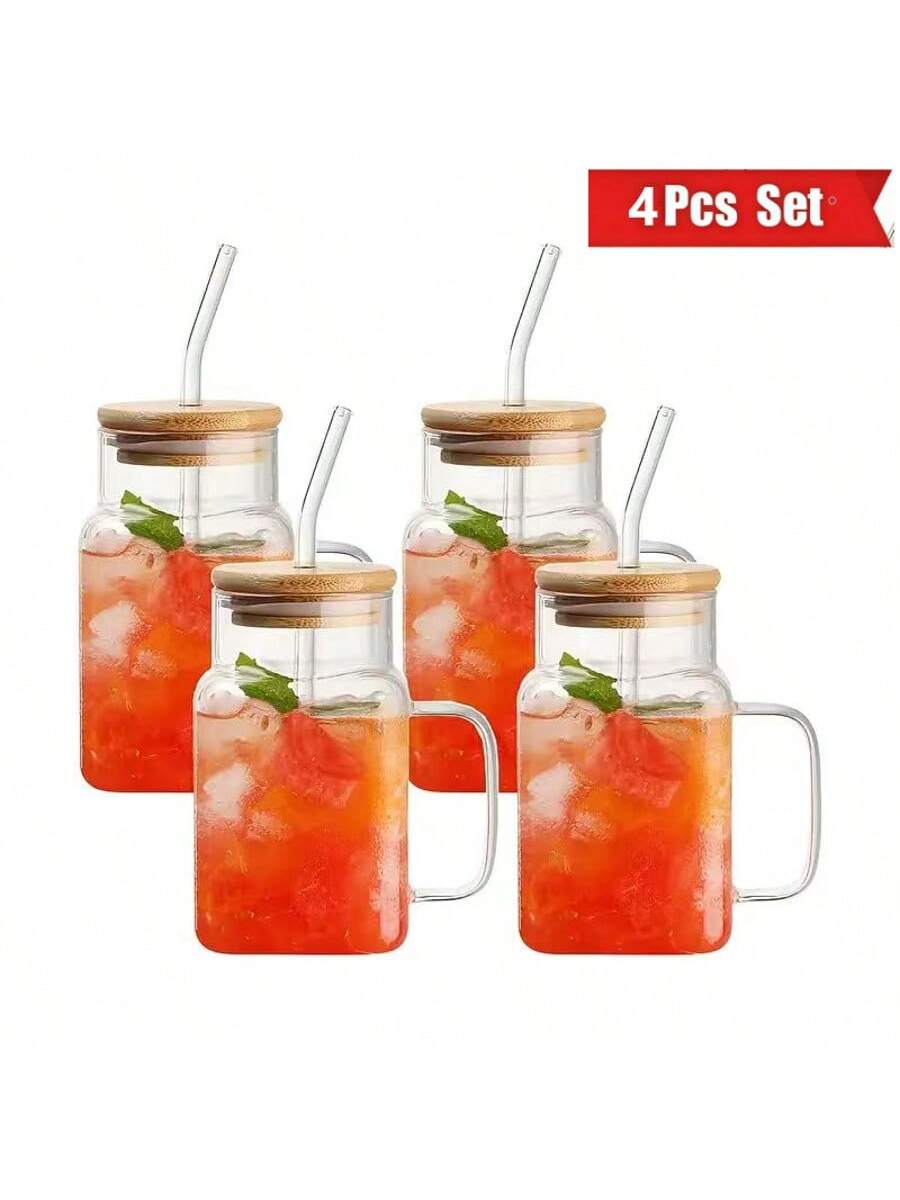 4pcs - Square Glass Cup, Large Capacity Straw Cup, High Profile Square Cup Lid, Glass Tea Summer Cup, Drinking Cup For Adults And Girls, Wedding Product Design, Gift For Daily Life Use, Cute Clear Floating Glass Cup, Floating Light Cup, Gift Design, Cont - Skies The Limit Store LLC