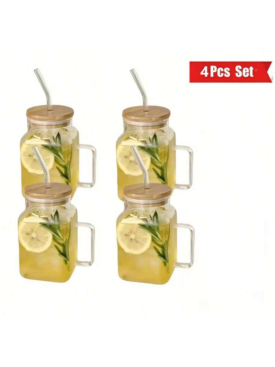 4pcs - Square Glass Cup, Large Capacity Straw Cup, High Profile Square Cup Lid, Glass Tea Summer Cup, Drinking Cup For Adults And Girls, Wedding Product Design, Gift For Daily Life Use, Cute Clear Floating Glass Cup, Floating Light Cup, Gift Design, Cont - Skies The Limit Store LLC