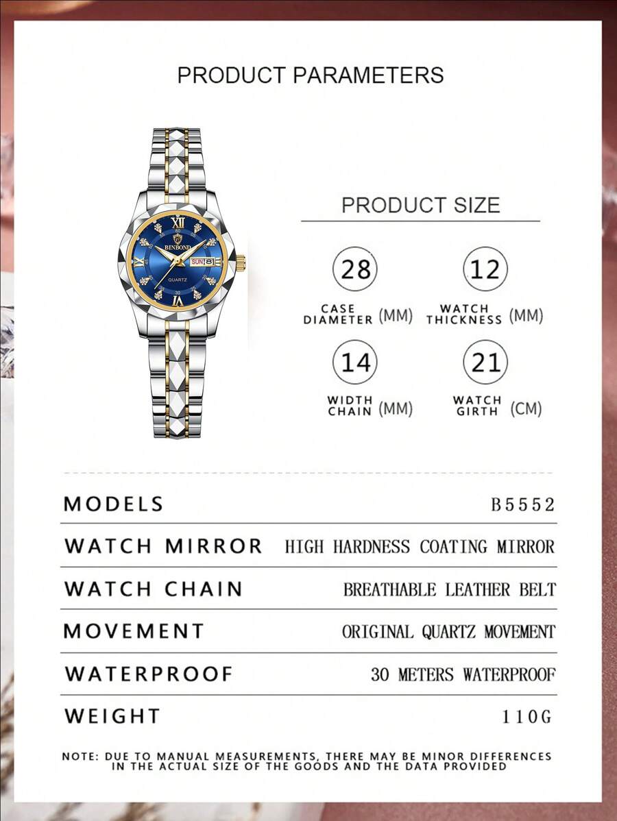 Luxury Gold Quartz Watch for Women - Waterproof Stainless Steel Fashion Timepiece with Night Light & Dual Calendar - Skies The Limit Store LLC