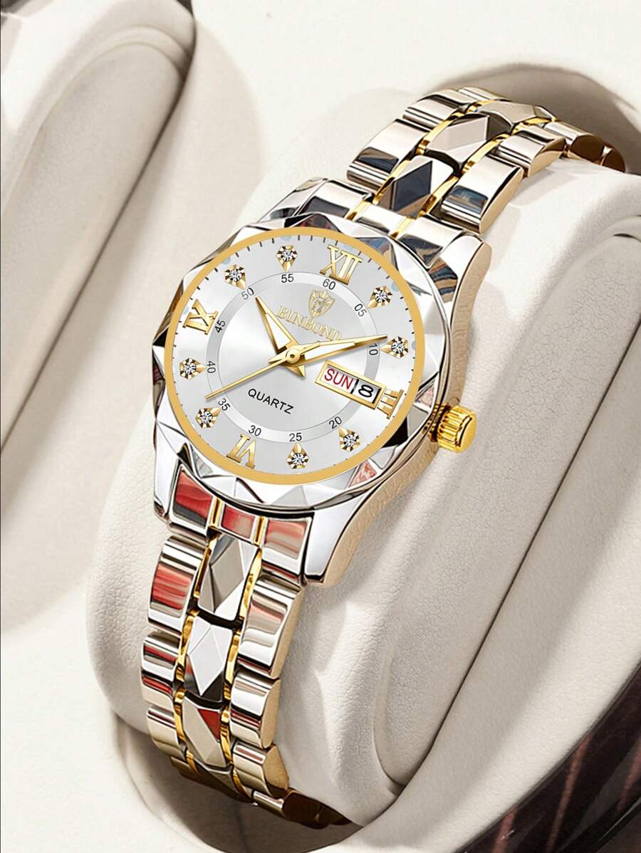 Luxury Gold Quartz Watch for Women - Waterproof Stainless Steel Fashion Timepiece with Night Light & Dual Calendar - Skies The Limit Store LLC