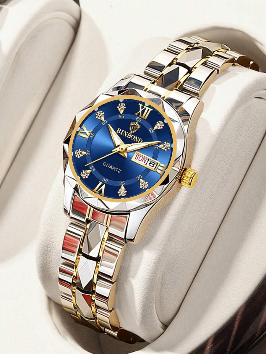 Luxury Gold Quartz Watch for Women - Waterproof Stainless Steel Fashion Timepiece with Night Light & Dual Calendar - Skies The Limit Store LLC