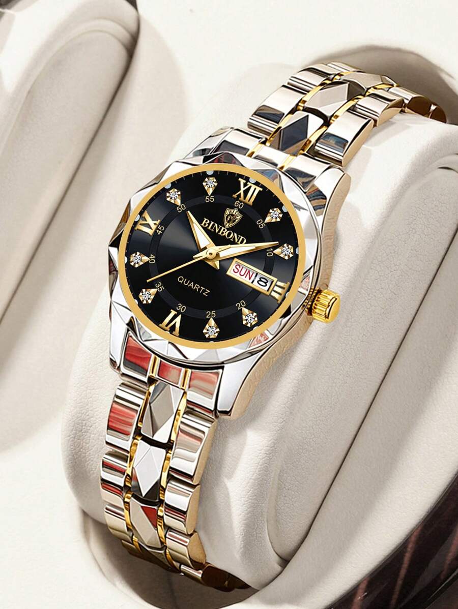 Luxury Gold Quartz Watch for Women - Waterproof Stainless Steel Fashion Timepiece with Night Light & Dual Calendar - Skies The Limit Store LLC