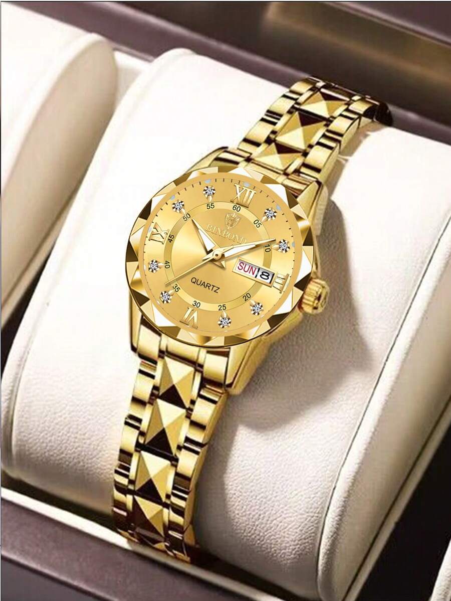 Luxury Gold Quartz Watch for Women - Waterproof Stainless Steel Fashion Timepiece with Night Light & Dual Calendar - Skies The Limit Store LLC