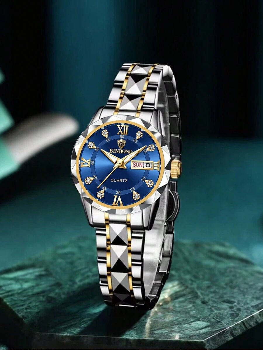 Luxury Gold Quartz Watch for Women - Waterproof Stainless Steel Fashion Timepiece with Night Light & Dual Calendar - Skies The Limit Store LLC