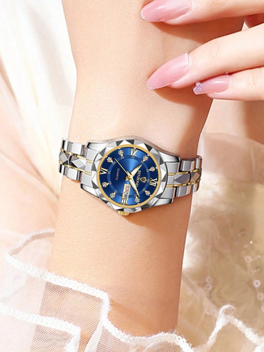 Luxury Gold Quartz Watch for Women - Waterproof Stainless Steel Fashion Timepiece with Night Light & Dual Calendar - Skies The Limit Store LLC