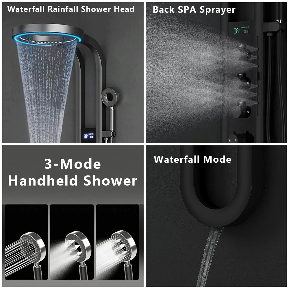 Modern High End Rainfall Shower Panel SPA Massage Jet Waterfall Showers Column Taps Set LED Display Smart Bathroom Shower System - Skies The Limit Store LLC