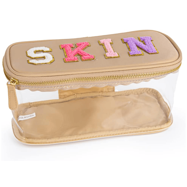 Portable Chenille Letter Clear Preppy Makeup Zipper Bag Waterproof Foldable Organizer Travel Storage Purse For Vacation Travel, Bathroom - Khaki - Skies The Limit Store LLC