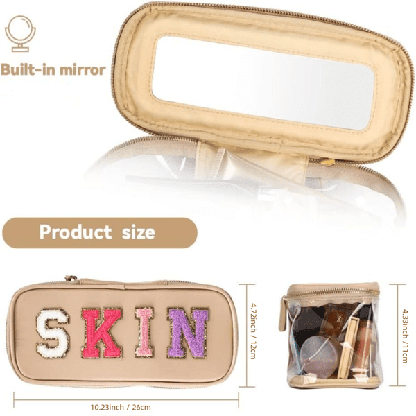 Portable Chenille Letter Clear Preppy Makeup Zipper Bag Waterproof Foldable Organizer Travel Storage Purse For Vacation Travel, Bathroom - Khaki - Skies The Limit Store LLC