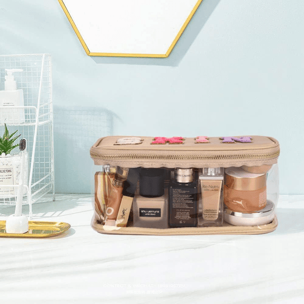 Portable Chenille Letter Clear Preppy Makeup Zipper Bag Waterproof Foldable Organizer Travel Storage Purse For Vacation Travel, Bathroom - Khaki - Skies The Limit Store LLC