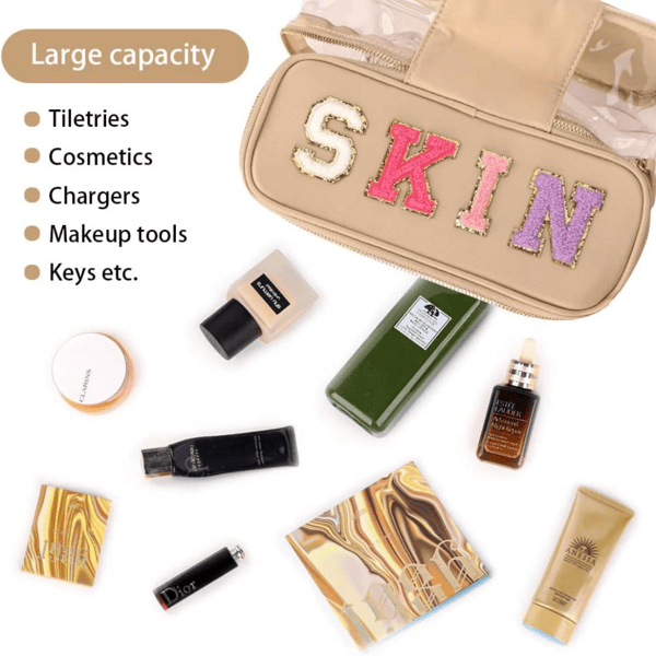 Portable Chenille Letter Clear Preppy Makeup Zipper Bag Waterproof Foldable Organizer Travel Storage Purse For Vacation Travel, Bathroom - Khaki - Skies The Limit Store LLC