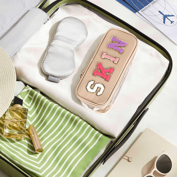 Portable Chenille Letter Clear Preppy Makeup Zipper Bag Waterproof Foldable Organizer Travel Storage Purse For Vacation Travel, Bathroom - Khaki - Skies The Limit Store LLC