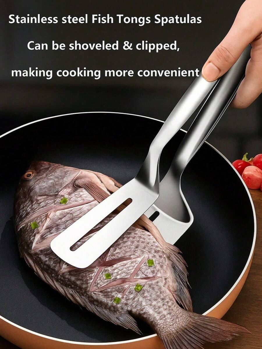 Stainless Steel Fish Turner & Food Tongs - Multi - Use Kitchen Tool For Frying, Grilling & Serving - Skies The Limit Store LLC