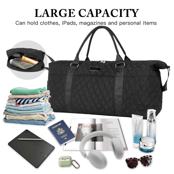 Travel Duffel Bag for Women, Large Overnight Weekender with Adjustable Strap, Wet Pocket, Carry On Sports Tote, Hospital Bag - Black - Skies The Limit Store LLC