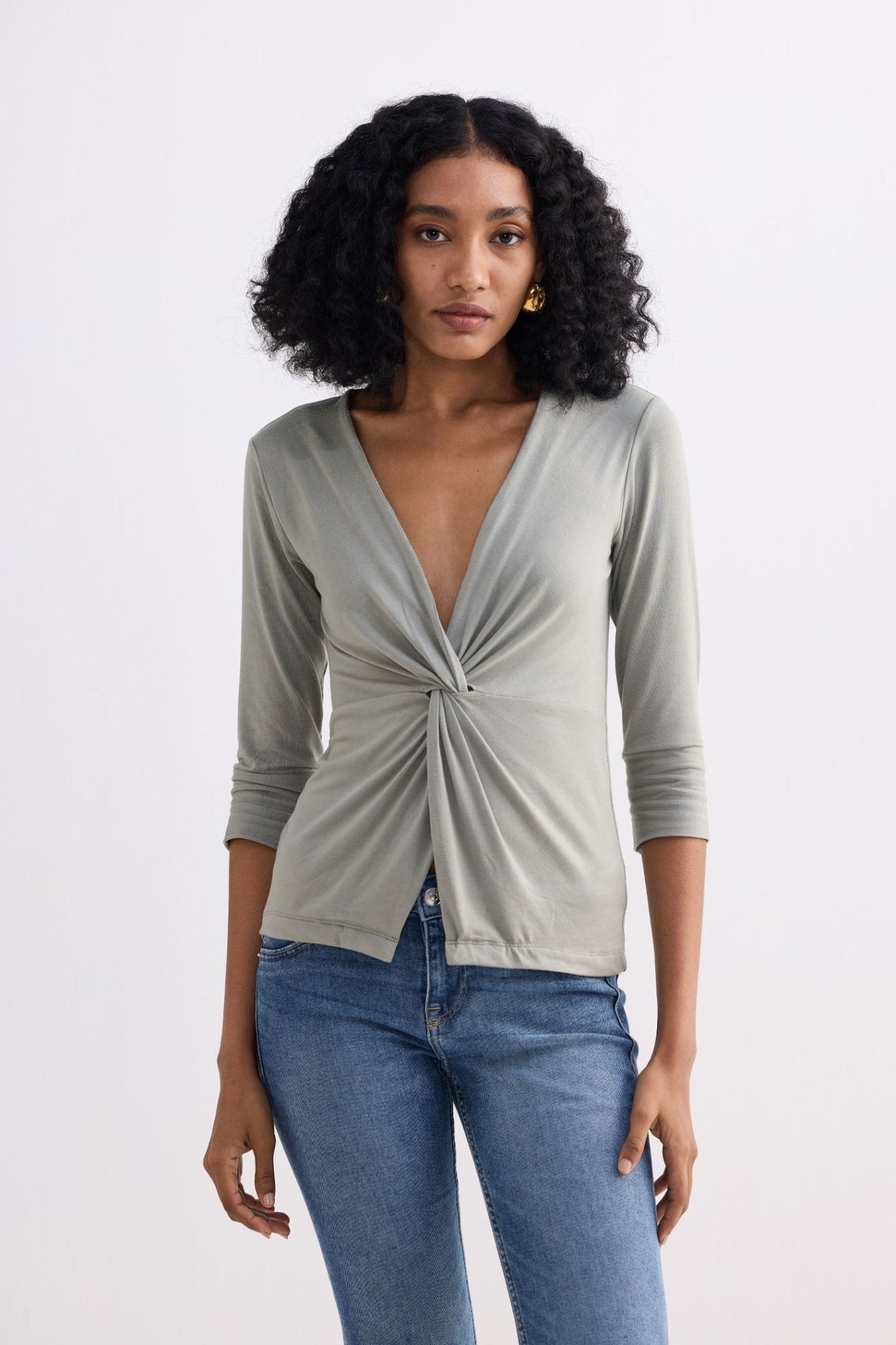 Twist Front Knit Shirt in Light Olive - Skies The Limit Store LLC