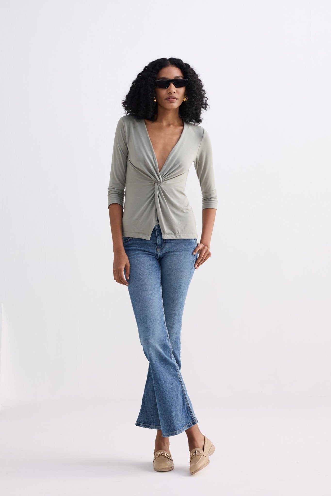 Twist Front Knit Shirt in Light Olive - Skies The Limit Store LLC