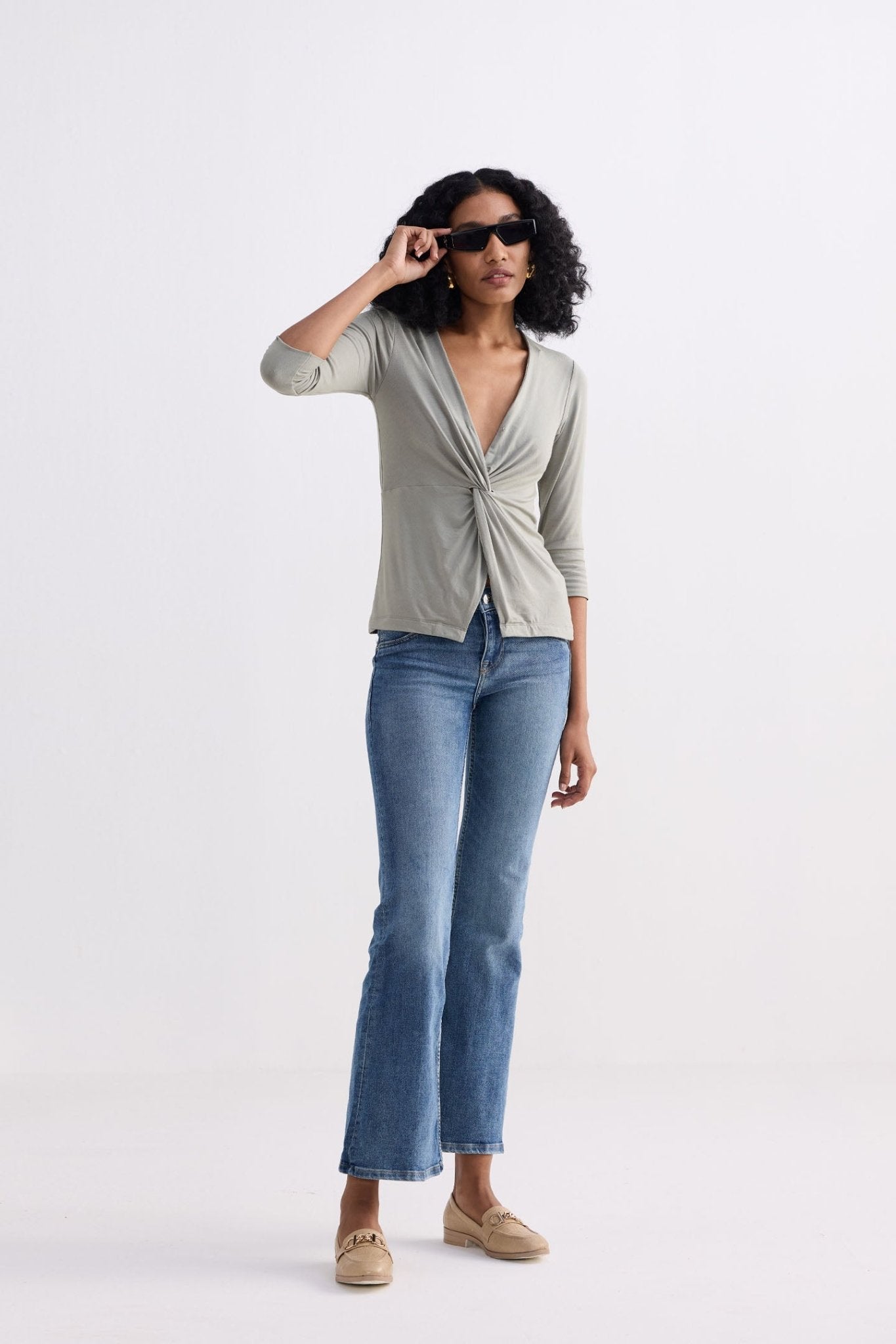 Twist Front Knit Shirt in Light Olive - Skies The Limit Store LLC