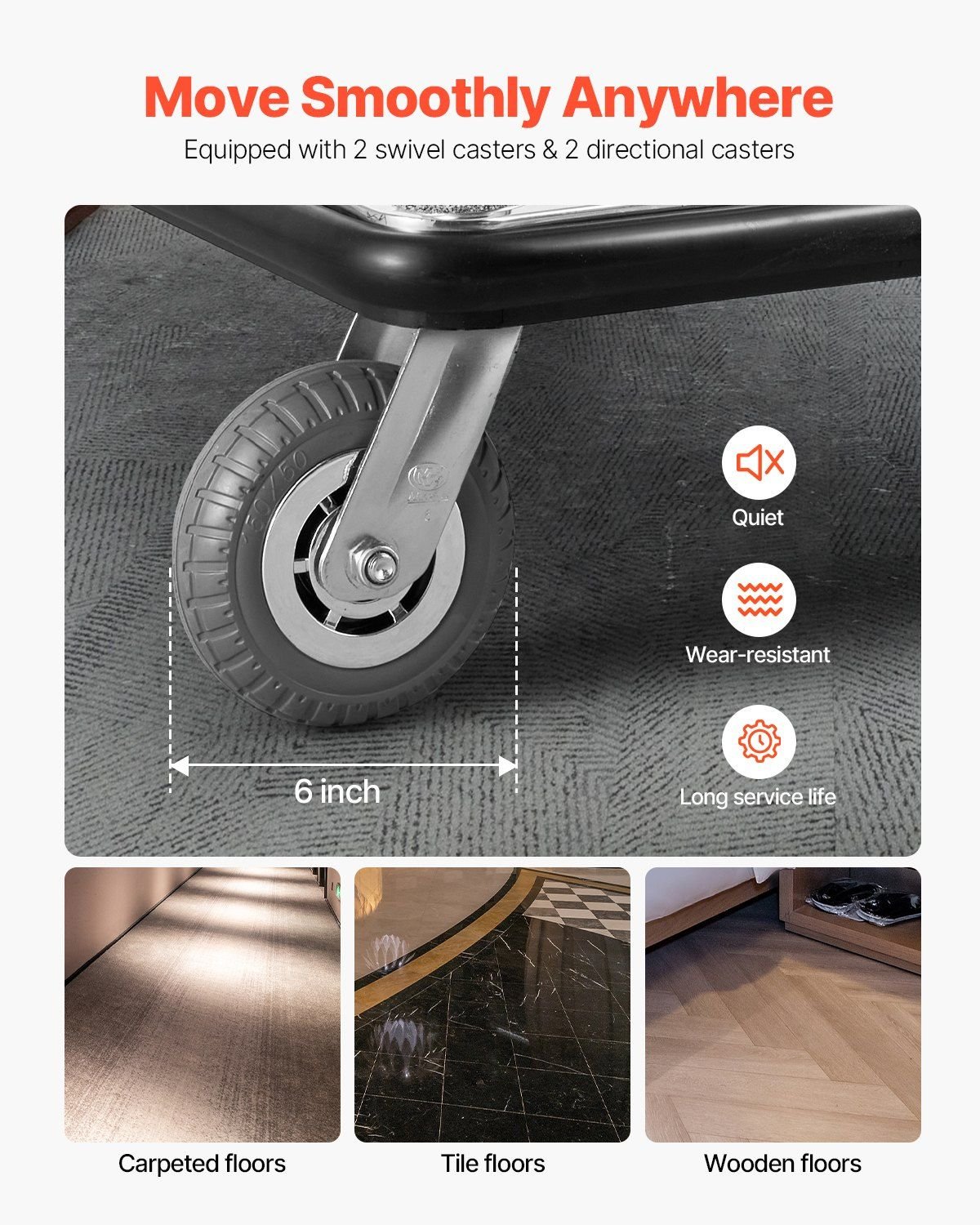 VEVOR Hotel Luggage Cart, 750 LBS Load Capacity, Deluxe Platform Truck with Removable Front Frame, Valet Cart with Grey Carpeted Deck and 6 - inch Rubber Wheels, Ideal for Hotels, Condos, Resorts - Skies The Limit Store LLC