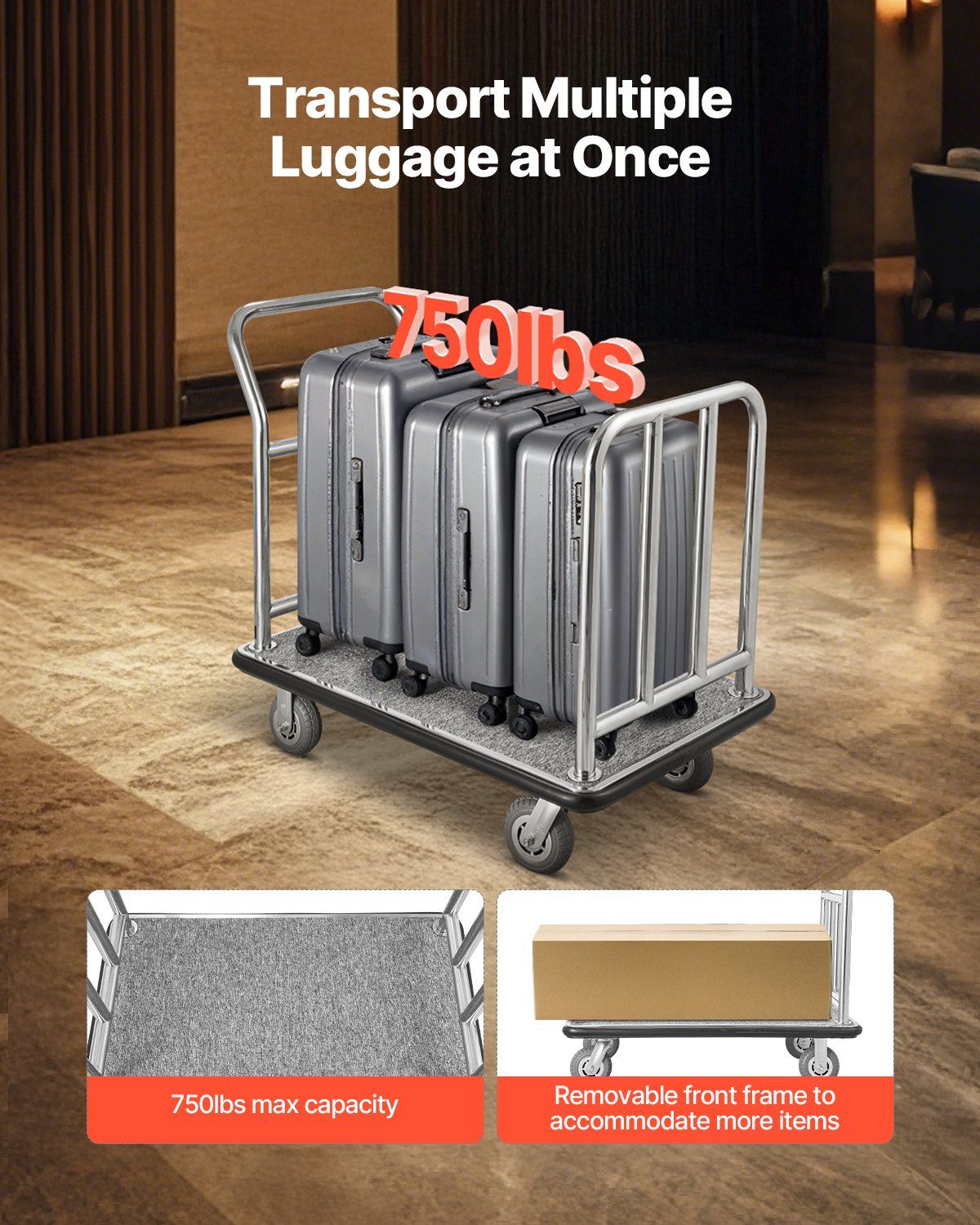VEVOR Hotel Luggage Cart, 750 LBS Load Capacity, Deluxe Platform Truck with Removable Front Frame, Valet Cart with Grey Carpeted Deck and 6 - inch Rubber Wheels, Ideal for Hotels, Condos, Resorts - Skies The Limit Store LLC